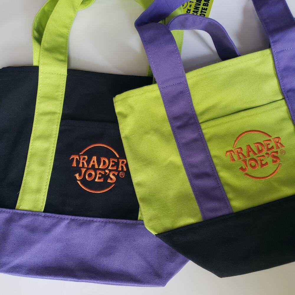 2026 Trader Joe's Halloween Mini Canvas Tote Bags Set of 2 Neon Green Black NWT